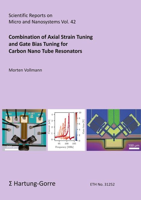 Titel: "Combination of Axial Strain Tuning and Gate Bias Tuning for Carbon Nano Tube Resonators", Morten Vollmann. Unten Diagramme und Fotos.