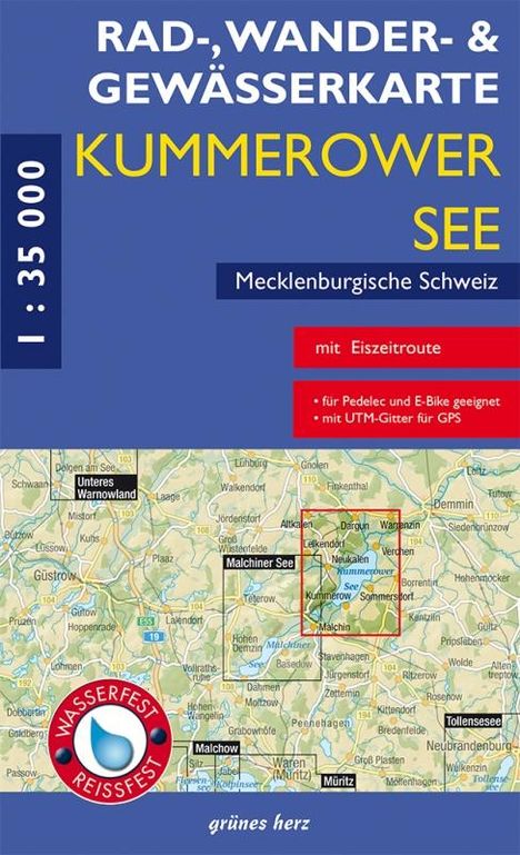 RAD-, WANDER- & GEWÄSSERKARTE KUMMEROWER SEE. Wasserfest, reißfest. Mecklenburgische Schweiz. Karte mit Eiszeitroute.