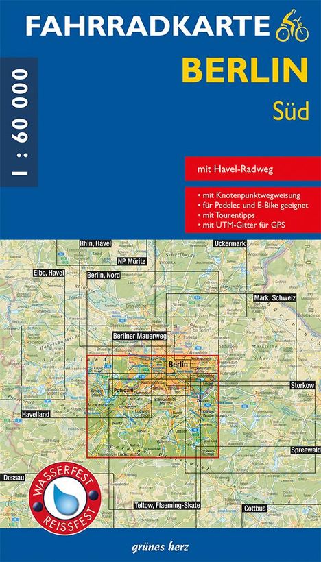 Oben steht "FAHRRADKARTE BERLIN Süd", darunter Kartenausschnitte. Emblem "WASSERFEST REISSFEST."