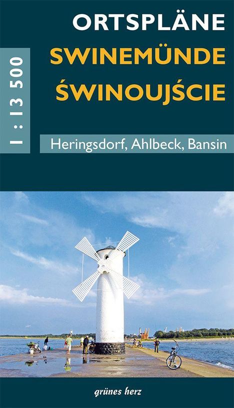 "Ortspläne Swinemünde Świnoujście 1:13 500 Heringsdorf, Ahlbeck, Bansin grüne herz." Weißer Leuchtturm am Wasser.