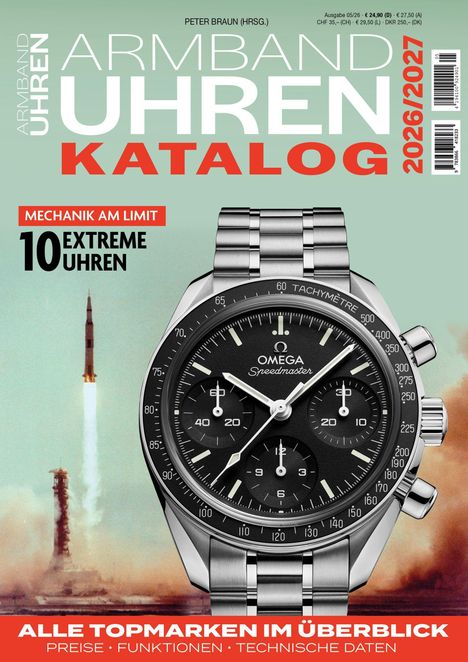 Titel: "ARMBANDUHREN KATALOG 2026/2027". Auf der Seite eine silberne Uhr und ein Raketenstart.