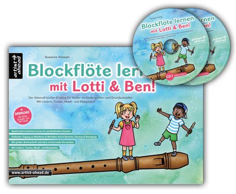 "Blockflöte lernen mit Lotti & Ben!" Ein kindliches Cover mit zwei fröhlichen Kindern, die Blockflöten halten.