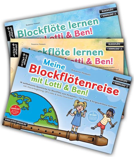 "Blockflöte lernen mit Lotti & Ben!" Buchcover. Fröhliche Kinder stehen auf einer großen Blockflöte mit Weltkugel im Hintergrund.