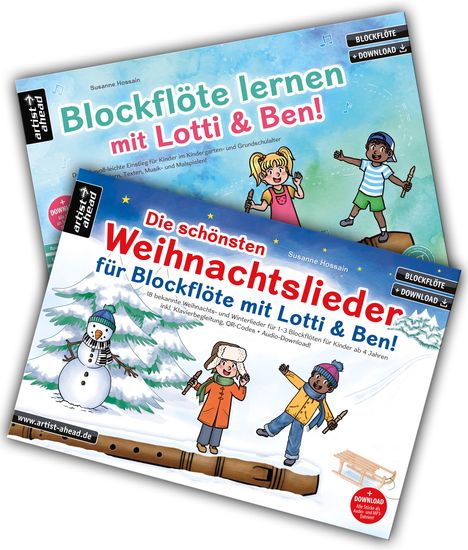 "Blockflöte lernen mit Lotti & Ben!" und "Die schönsten Weihnachtslieder für Blockflöte mit Lotti & Ben!" Illustrationen von Kindern.