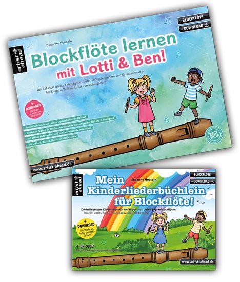 "Blockflöte lernen mit Lotti & Ben!", "Mein Kinderliederbüchlein für Blockflöte!" Bunte Kinderillustrationen mit Blockflöten.