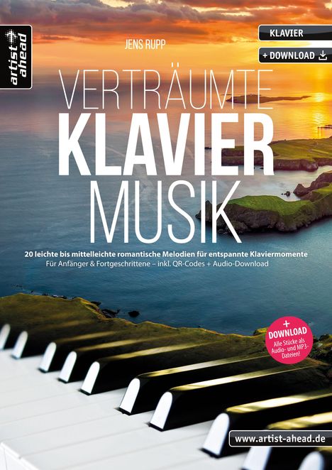 "VERTRÄUMTE KLAVIERMUSIK", 20 romantische Melodien, Anfänger & Fortgeschrittene. Klaviertasten über Landschaft, Sonnenuntergang.