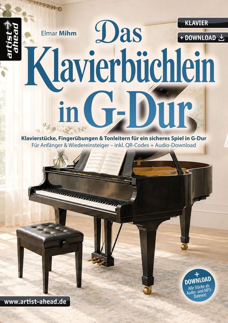 Titel: "Das Klavierbüchlein in G-Dur". Ein schwarzer Flügel mit Noten, ein Hocker und Dekoration im Hintergrund.