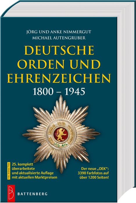 „Deutsche Orden und Ehrenzeichen 1800–1945“. Ein sternförmiges Abzeichen mit einem roten Emblem in der Mitte auf der Vorderseite.