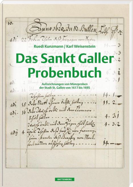 Ruedi Kunzmann: Das Sankt Galler Probenbuch. Aufzeichnungen von Münzproben der Stadt St. Gallen von 1617 bis 1695, 1. Auflage 2024, Buch