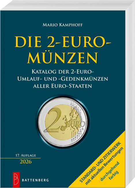 "Die 2-Euro-Münzen. Katalog der Umlauf- und Gedenkmünzen. 17. Auflage 2026. Abbildung einer 2-Euro-Münze."