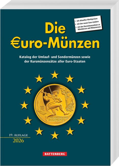 "Die Euro-Münzen", Katalog der Umlauf- und Sondermünzen, gelbe Münze mit Motiv, "19. Auflage 2026", Battenberg Logo.