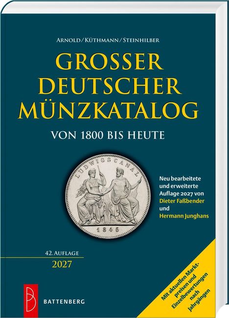 Titel: Großer Deutscher Münzkatalog von 1800 bis heute. 42. Auflage 2027. Coin-Abbildung zentral. Links unten Battenberg-Logo.