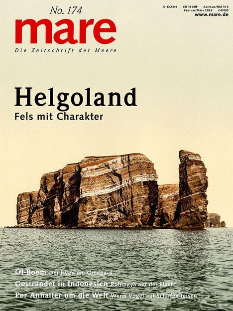 Titel: "mare - Die Zeitschrift der Meere." Hauptthema: "Helgoland - Fels mit Charakter." Bild zeigt markante Felsen im Meer.