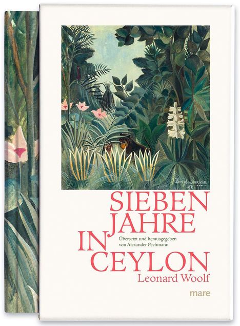 Text: "SIEBEN JAHRE IN CEYLON" von Leonard Woolf. Umschlag zeigt dichten Dschungel mit Pflanzen und Blüten.