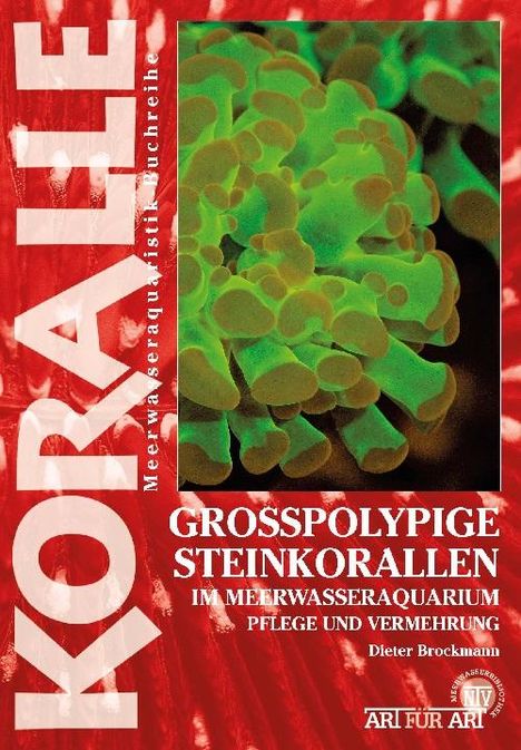 Titel: "KORALLE - Großpolypige Steinkorallen im Meerwasseraquarium". Grünes Korallenfoto auf rotem Hintergrund.