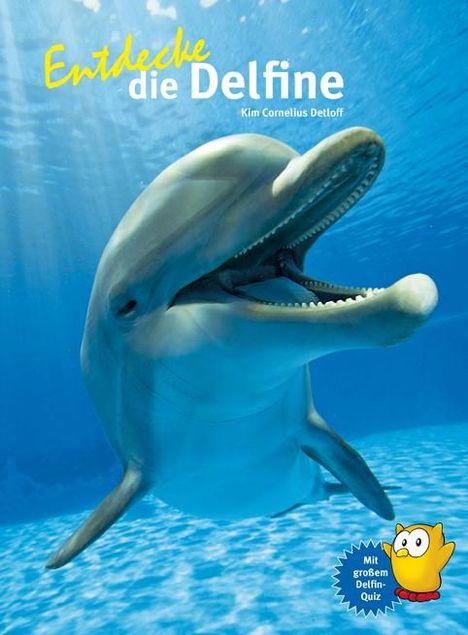 "Entdecke die Delfine" und "Mit großem Delfin-Quiz". Ein Delfin schwimmt im blauen Wasser, unten ein gelbes Vogel-Logo.