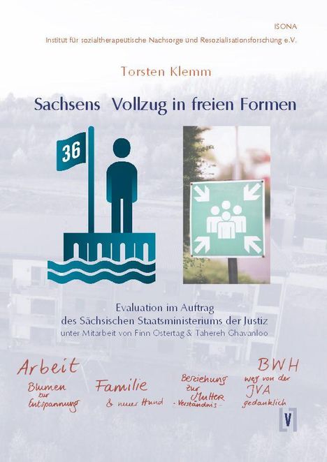 Texte: "Torsten Klemm", "Sachsens Vollzug in freien Formen", "Arbeit", "Familie". Illustration: Mensch auf Steg.