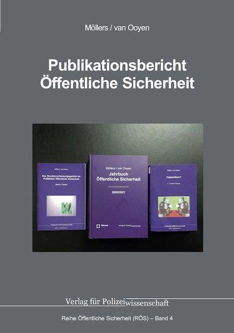 „Publikationsbericht Öffentliche Sicherheit“ über einem Bild von drei violetten Büchern. Verlag: "Verlag für Polizeiwissenschaft".