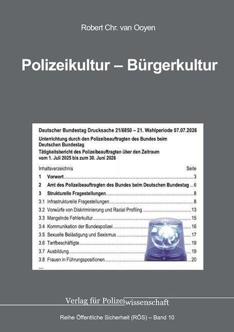 Covertext: "Polizeikultur – Bürgerkultur" von Robert Chr. van Ooyen. Inhaltsverzeichnis mit Themen wie Fehlverhalten und Diskriminierung.