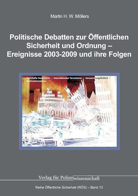Titel: "Politische Debatten zur Öffentlichen Sicherheit und Ordnung – Ereignisse 2003-2009 und ihre Folgen" von Martin H. W. Möllers. Darunter eine Illustration von Gebäudestrukturen. Veröffentlichung: Verlag für Polizeiwissenschaft.