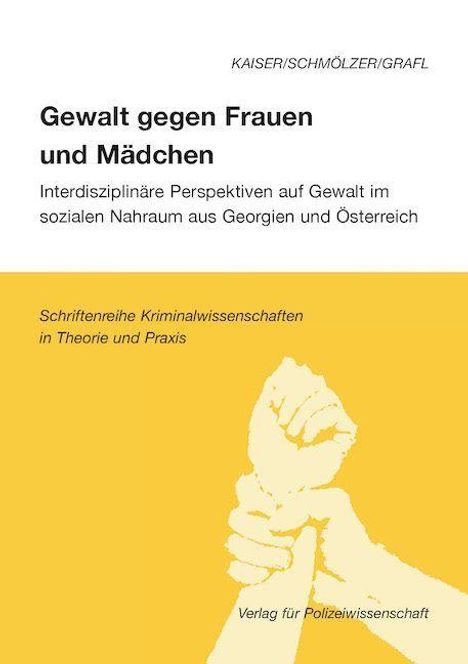 Text: "Gewalt gegen Frauen und Mädchen. Interdisziplinäre Perspektiven auf Gewalt im sozialen Nahraum aus Georgien und Österreich." Illustration zeigt eine stilisierte gelbe Hand.