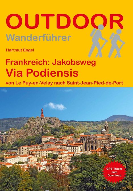 Text: "OUTDOOR Wanderführer", "Frankreich: Jakobsweg Via Podiensis", "GPS-Tracks zum Download". Illustration: Stadtansicht mit Hügel.