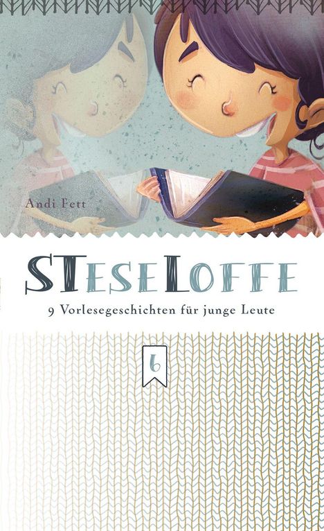 "9 Vorlesegeschichten für junge Leute" von Andi Fett. Illustration eines Kindes, das ein Buch liest und lächelt.