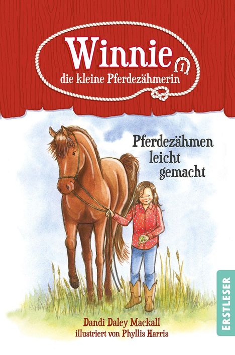 Ein rotes Logo mit „Winnie die kleine Pferdezähmerin“. Ein Mädchen mit braunem Pferd in einer Illustration.