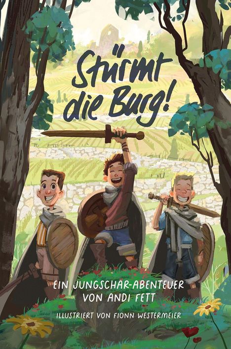 "Stürmt die Burg!" Drei fröhliche Kinder mit Schwertern und Schilden in einer malerischen Landschaft.