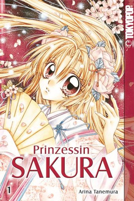 "Prinzessin Sakura", Band 1, Arina Tanemura. Anime-Figur mit langen Haaren, rosa Blüten und Fächer.