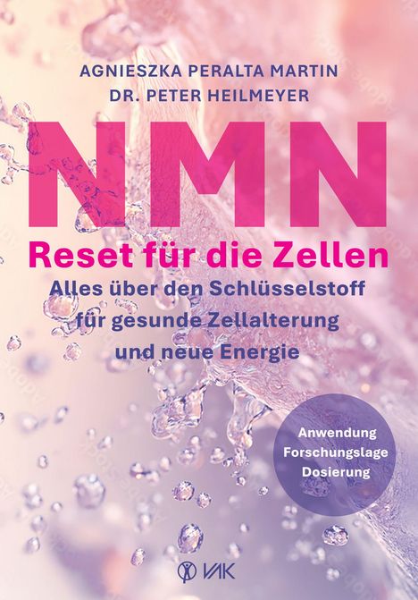 Buchtitel: "NMN Reset für die Zellen". Hintergrund: flüssigkeitsähnliche Textur in rosa und lila Tönen.