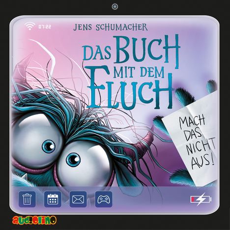 „Jens Schumacher, Das Buch mit dem Fluch. Mach das nicht aus!“ Große Augen mit zerzaustem Haar und Symbole am Rand.