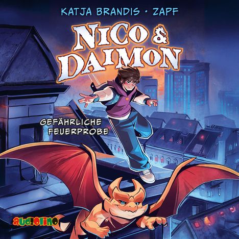 „Nico & Daimon: Gefährliche Feuerprobe“, zeigt Junge auf Dach und kleinen, orangefarbenen Drachen.