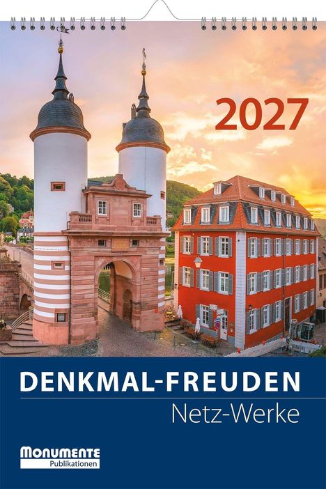 2027, DENKMAL-FREUDEN, Netz-Werke. Kalendertitel zeigt ein historisches Gebäude mit Turm und rotem Haus bei Sonnenuntergang.