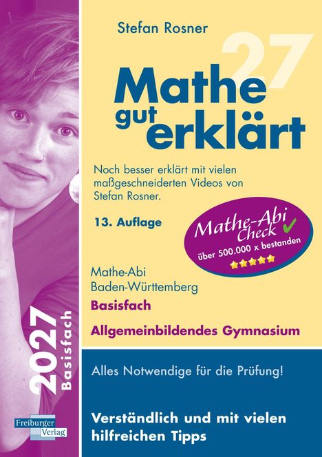 Titel: "Mathe gut erklärt". 13. Auflage. Mathe-Abi Baden-Württemberg, Basisfach. Gestaltung in Blau und Gelb.