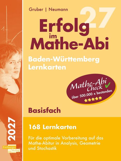 "Erfolg im Mathe-Abi", Lernkarten für Baden-Württemberg, Basisfach, 168 Karten. Links Daumen hoch, rechts Logo.