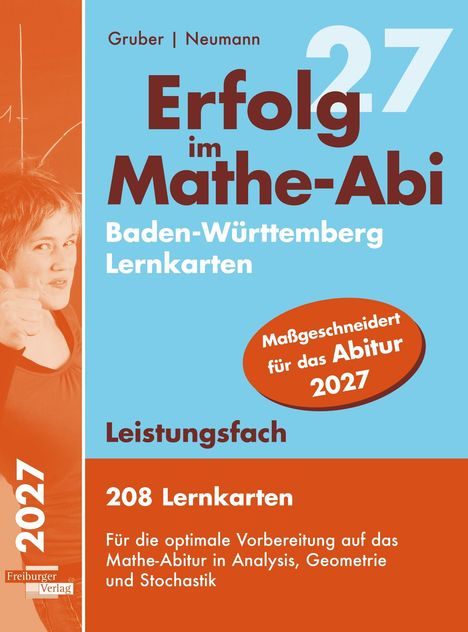 Der Titel lautet "Erfolg im Mathe-Abi, Baden-Württemberg Lernkarten". Ein Motiv zeigt eine Person mit erhobenem Daumen.