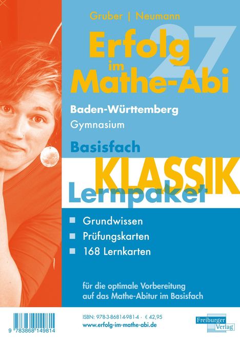 "Erfolg im Mathe-Abi", Gruber/Neumann, Lernpaket mit 168 Karten. Frau lächelt, blau/orange Design.