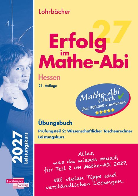"Erfolg im Mathe-Abi", Hessen, Übungsbuch für 2027 Leistungskurs, Daumen hoch Symbol links neben Text.
