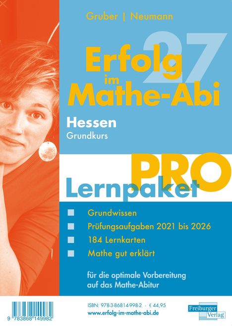 "Erfolg im Mathe-Abi 27", Grundkurs für Hessen. Grundwissen, Prüfungsaufgaben, 184 Lernkarten, Mathe erklärt. Links ein Gesicht.
