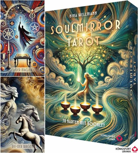 "Soulmirror Tarot" und "78 Karten mit Booklet". Eine farbenprächtige Illustration mit Magier, Wagen, Frau und Baum.