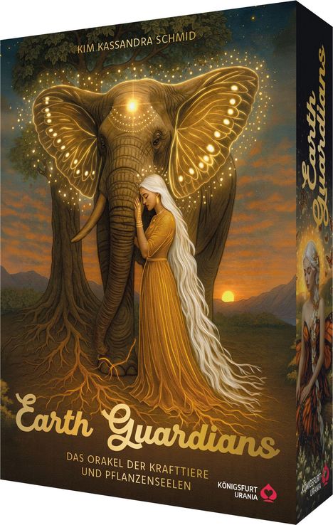 "Earth Guardians. Das Orakel der Krafttiere und Pflanzenseelen." Frau lehnt an Elefant mit leuchtenden Flügeln, im Sonnenuntergang.