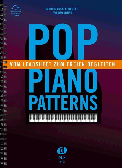„POP PIANO PATTERNS“, blau und schwarz, mit Klaviertasten und violettem Hintergrund. Autorennamen oben. DUX-Logo unten.