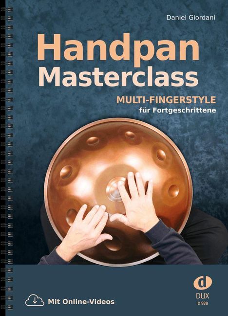 "Handpan Masterclass", "MULTI-FINGERSTYLE für Fortgeschrittene". Hände spielen eine kupferfarbene Handpan.
