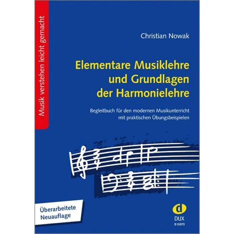 "Elementare Musiklehre und Grundlagen der Harmonielehre" von Christian Nowak, blaues Cover mit Notenschlüssel und Noten.