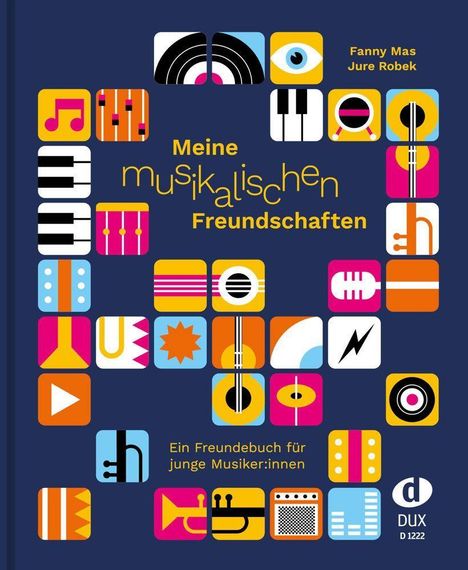 "Meine musikalischen Freundschaften" steht in der Mitte. Viele bunte Musik-Symbole umrahmen den Text.