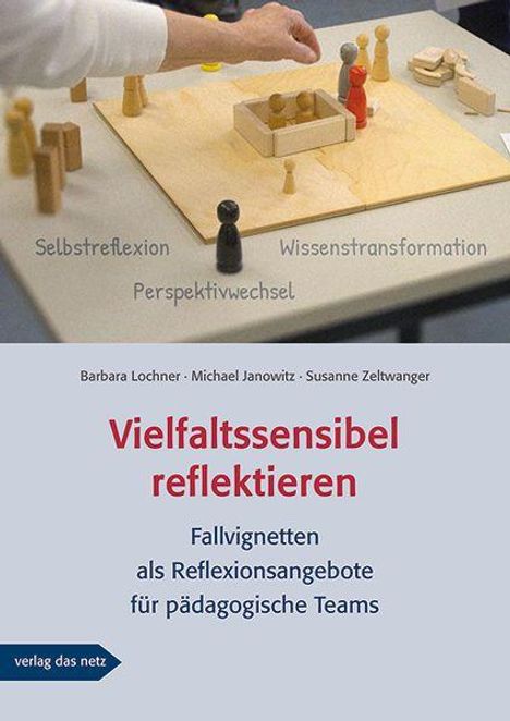 "Vielfaltssensibel reflektieren: Fallvignetten für pädagogische Teams." Oben Figuren auf einem Spielbrett, Begriffe sind sichtbar.