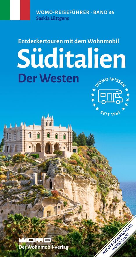 Süditalien: Der Westen. Entdeckertouren mit dem Wohnmobil. Bild eines Gebäudes auf einem Felsen vor einem klaren Himmel.