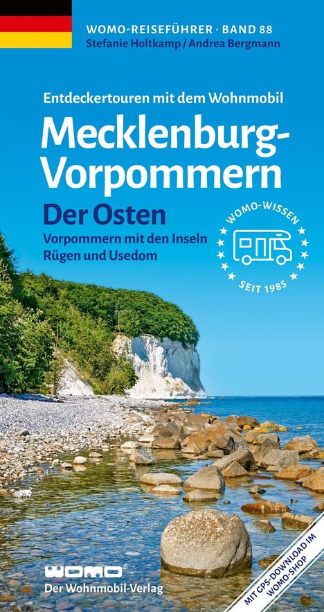 "WOMO-Reiseführer, Band 88, Entdeckertouren: Mecklenburg-Vorpommern, Der Osten: Vorpommern, Inseln Rügen und Usedom." Küste mit weißen Klippen.