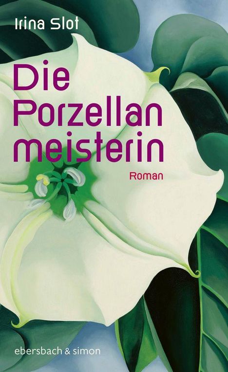 "Die Porzellanmeisterin" steht in violettem Text über einer großen weißen Blume mit grünen Blättern.